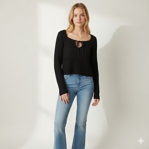 American Eagle Black Crochet Long Bell Sleeve Cropped Sweater Size XL Boho Y2k